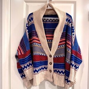 AMOR BOHO BLUE CREAM ORANGE RUST COVER-UP SWEATER BOHEMIAN RETRO  EARTH TONES OS